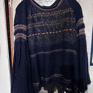 Free People Navy and Brown Crew Neck Sweater